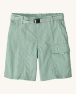 Patagonia kid's recycled nylon outdoor everyday 6 inch shorts in thin ice light green with quick release buckle belt.
