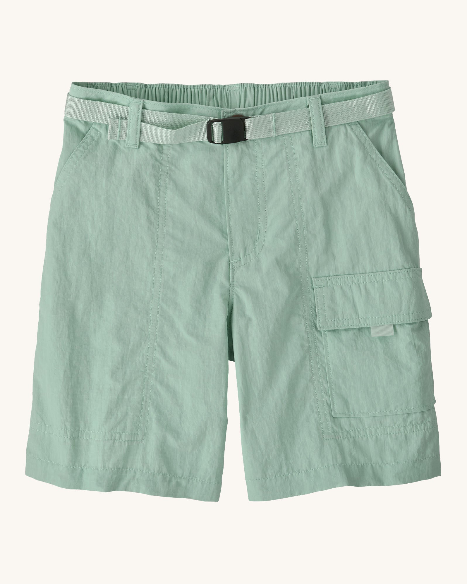 Patagonia kid's recycled nylon outdoor everyday 6 inch shorts in thin ice light green with quick release buckle belt.