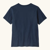 Back of Patagonia organic cotton kids P-6 Logo short sleeve T-Shirt in navy 