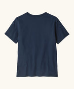 Back of Patagonia organic cotton kids P-6 Logo short sleeve T-Shirt in navy 