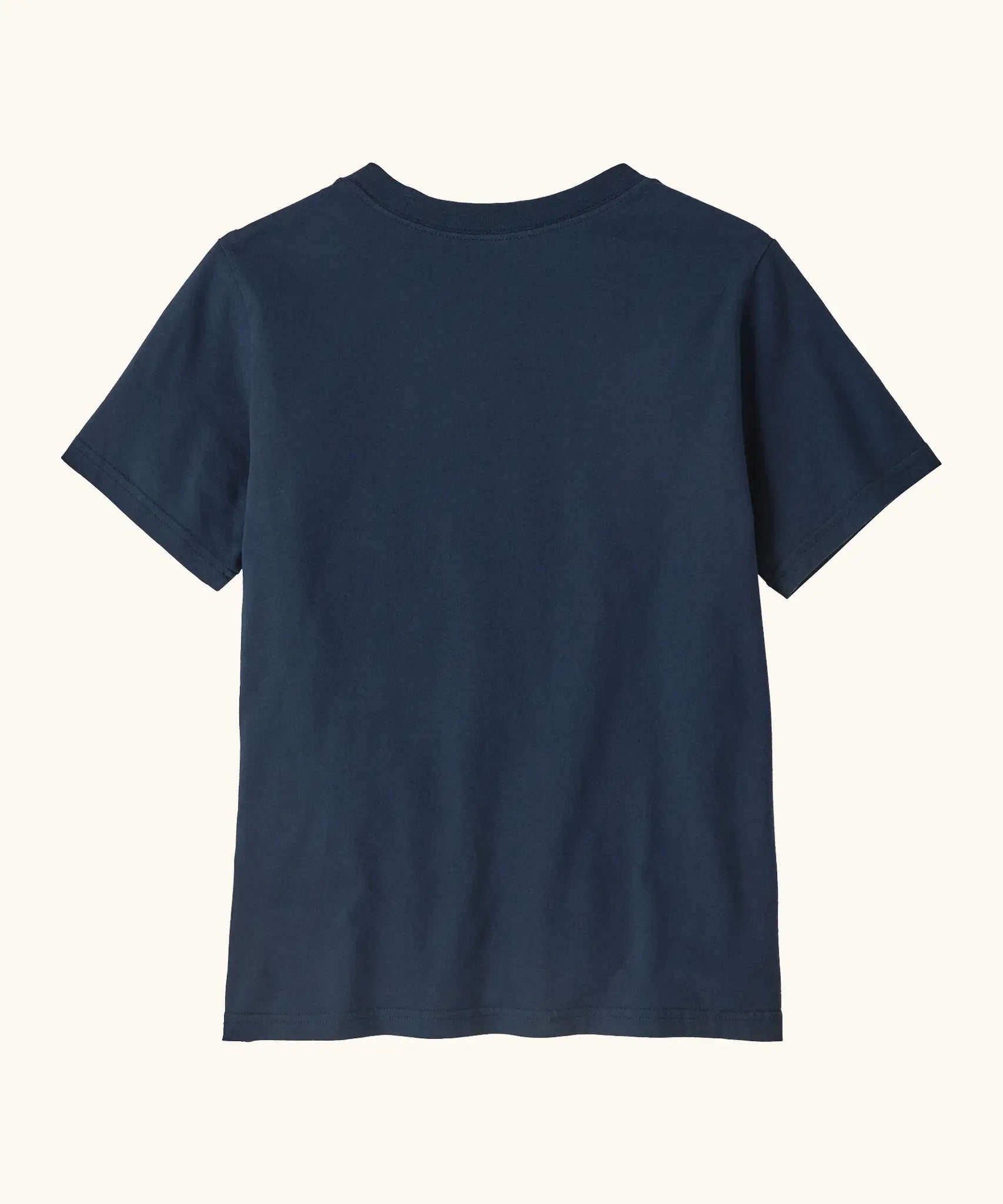 Back of Patagonia organic cotton kids P-6 Logo short sleeve T-Shirt in navy 