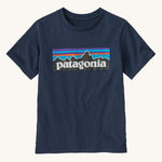 Patagonia Kids P-6 Logo T-Shirt in a New Navy colour on a plain background.