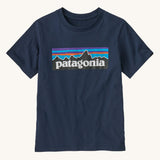 Patagonia Kids P-6 Logo T-Shirt in a New Navy colour on a plain background.