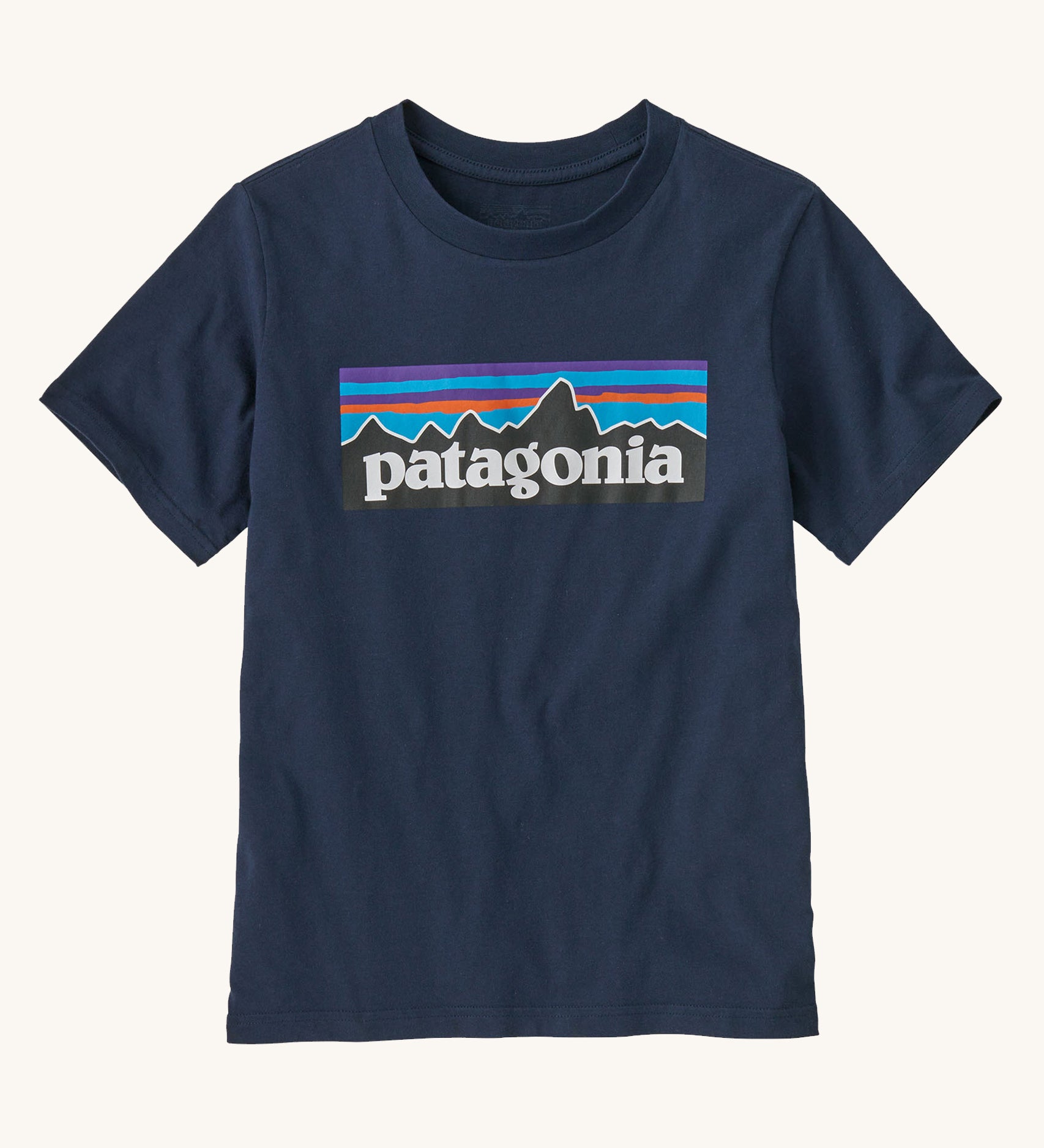 Patagonia Kids P-6 Logo T-Shirt in a New Navy colour on a plain background.