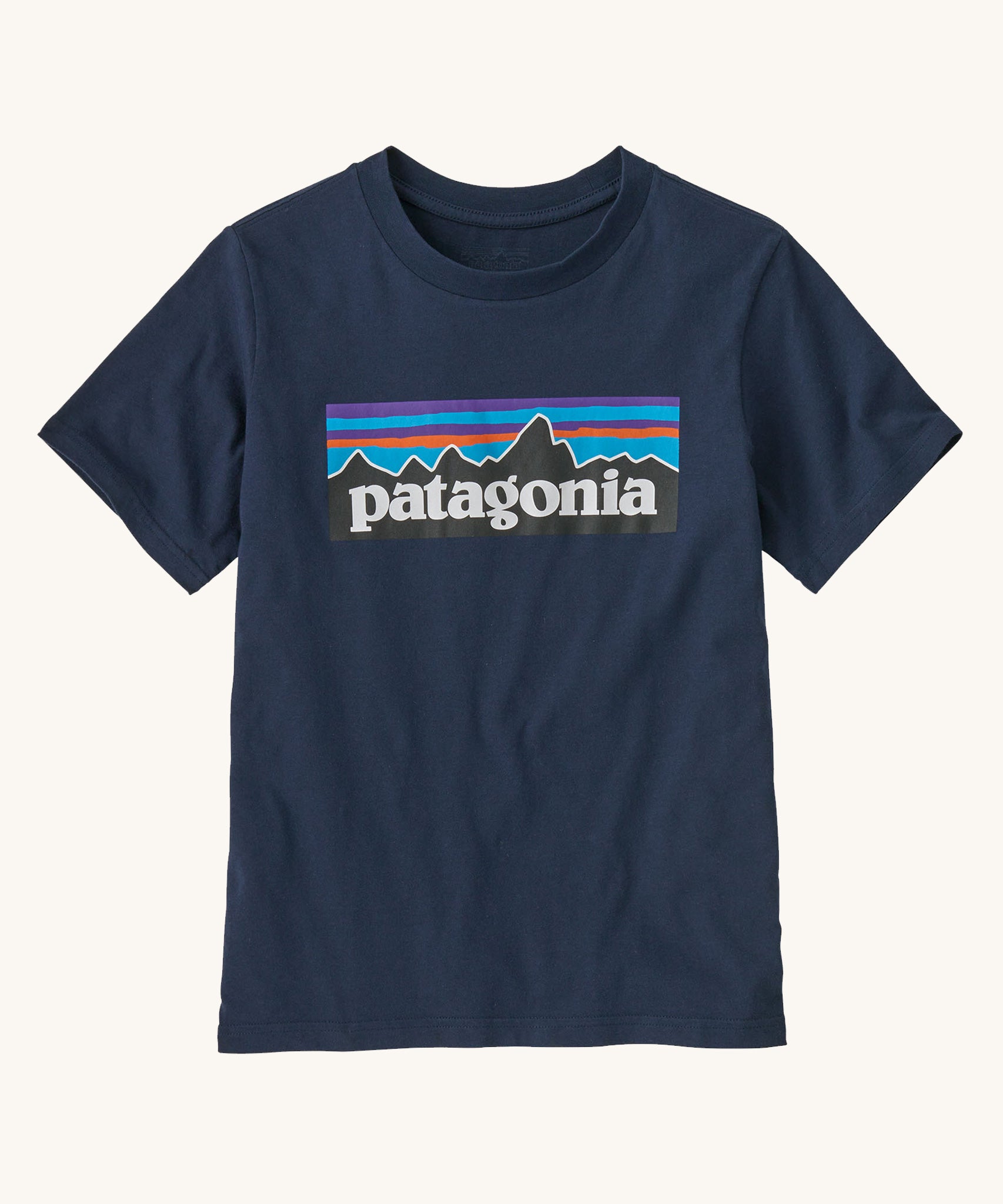 Patagonia Kids P-6 Logo T-Shirt in a New Navy colour on a plain background.