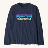 Patagonia Kids long sleeved top - Navy, made from organic cotton with the Patagonia mountain range logo on the front