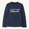 Patagonia Kids long sleeved top - Navy, made from organic cotton with the Patagonia mountain range logo on the front