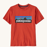 Patagonia Kids P-6 Logo T-Shirt in a Madder Red colour on a plain background.