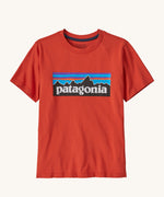Patagonia Kids P-6 Logo T-Shirt in a Madder Red colour on a plain background.