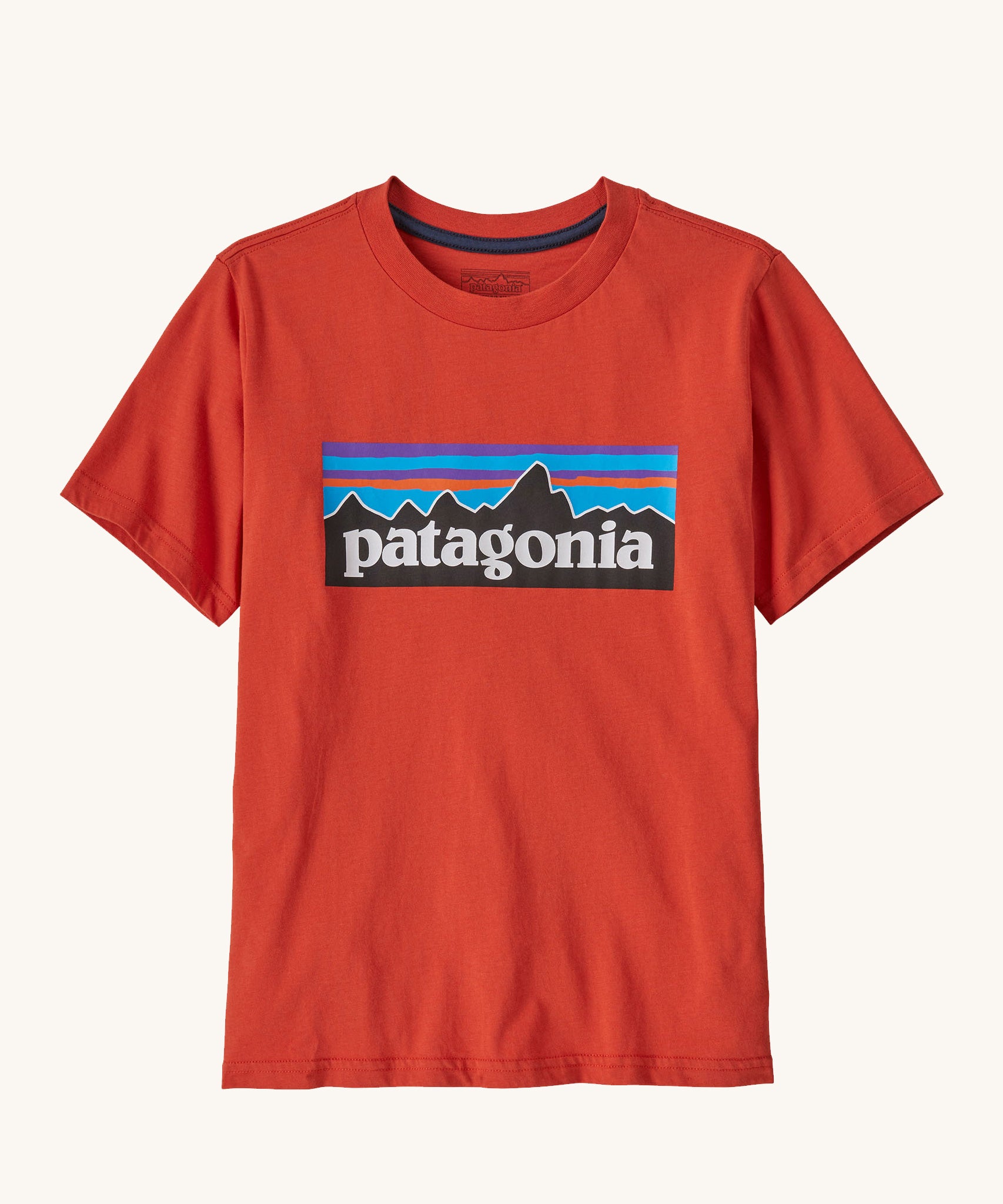 Patagonia Kids P-6 Logo T-Shirt in a Madder Red colour on a plain background.