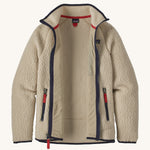 Patagonia Kids Retro Pile Fleece Jacket - El Cap Khaki on a plain background. Front view with zipp fully open revealing the inside of the jacket.