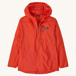 Patagonia orange houdini zip up hooded jacket on a cream background