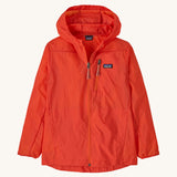Patagonia orange houdini zip up hooded jacket on a cream background