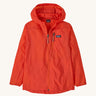 Patagonia orange houdini zip up hooded jacket on a cream background