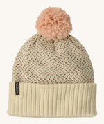 Patagonia kids powder town beanie in confetti/natural. A thick beanie with blue and yellow speckled on natural coloured organic fabric. Features a light pink pom pom on top.