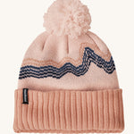 Patagonia Kids  Powder Town Beanie in a Mallow Pink colour on a plain background.