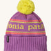 Patagonia kids powder town beanie in park stripe/brisk purple. A thick beanie with the brand name in yellow through the middle on bright purple organic fabric. Features a bright yellow pom pom on top.