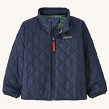 Patagonia Little Kids' Nano Puff Jacket - New Navy. A navy blue puff jacket with green Patagonia Hogs lining