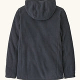 Back of Patagonia high performance kids R1 air hoody in navy blue. Shows the hood down