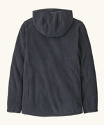 Back of Patagonia high performance kids R1 air hoody in navy blue. Shows the hood down