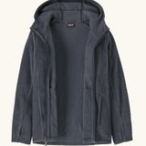 An open Patagonia high performance kids R1 air hoody in navy blue. 