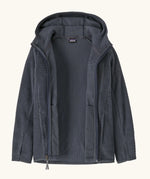 An open Patagonia high performance kids R1 air hoody in navy blue. 