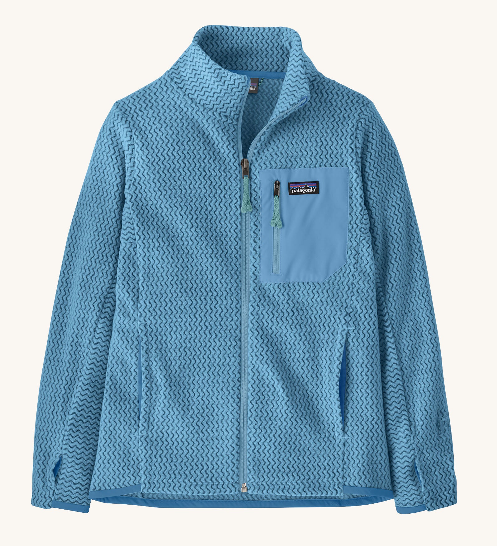 Patagonia kid's R1 air full-zip jacket in shore blue with small black logo on the chest pocket.