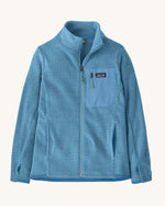 Patagonia kid's R1 air full-zip jacket in shore blue with small black logo on the chest pocket.