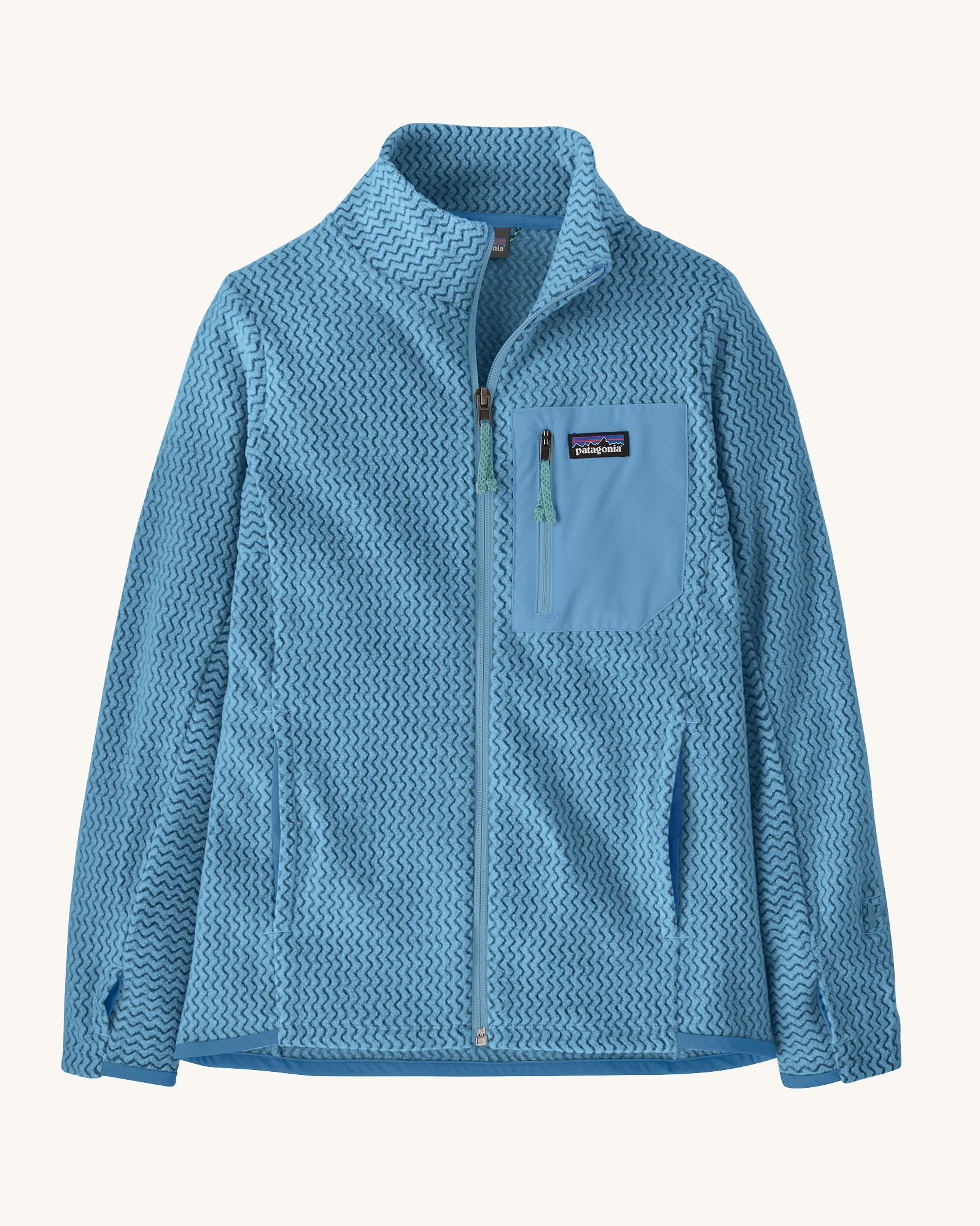 Patagonia kid's R1 air full-zip jacket in shore blue with small black logo on the chest pocket.