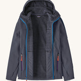 Patagonia Kids R2 TechFace Hoody in a  Smolder Blue colour with zip fully open on a plain background.