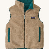 Patagonia kids ready freddy vest in cascade green showing the thick fleece. This side also features 2 side pockets. 