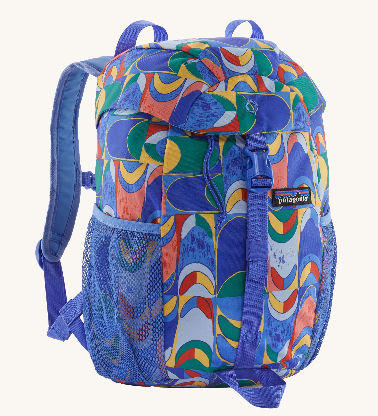 The Patagonia Kids Refugito 12L Backpack with a Swallowtail Geo / Eddy Blue design on a plain background. 