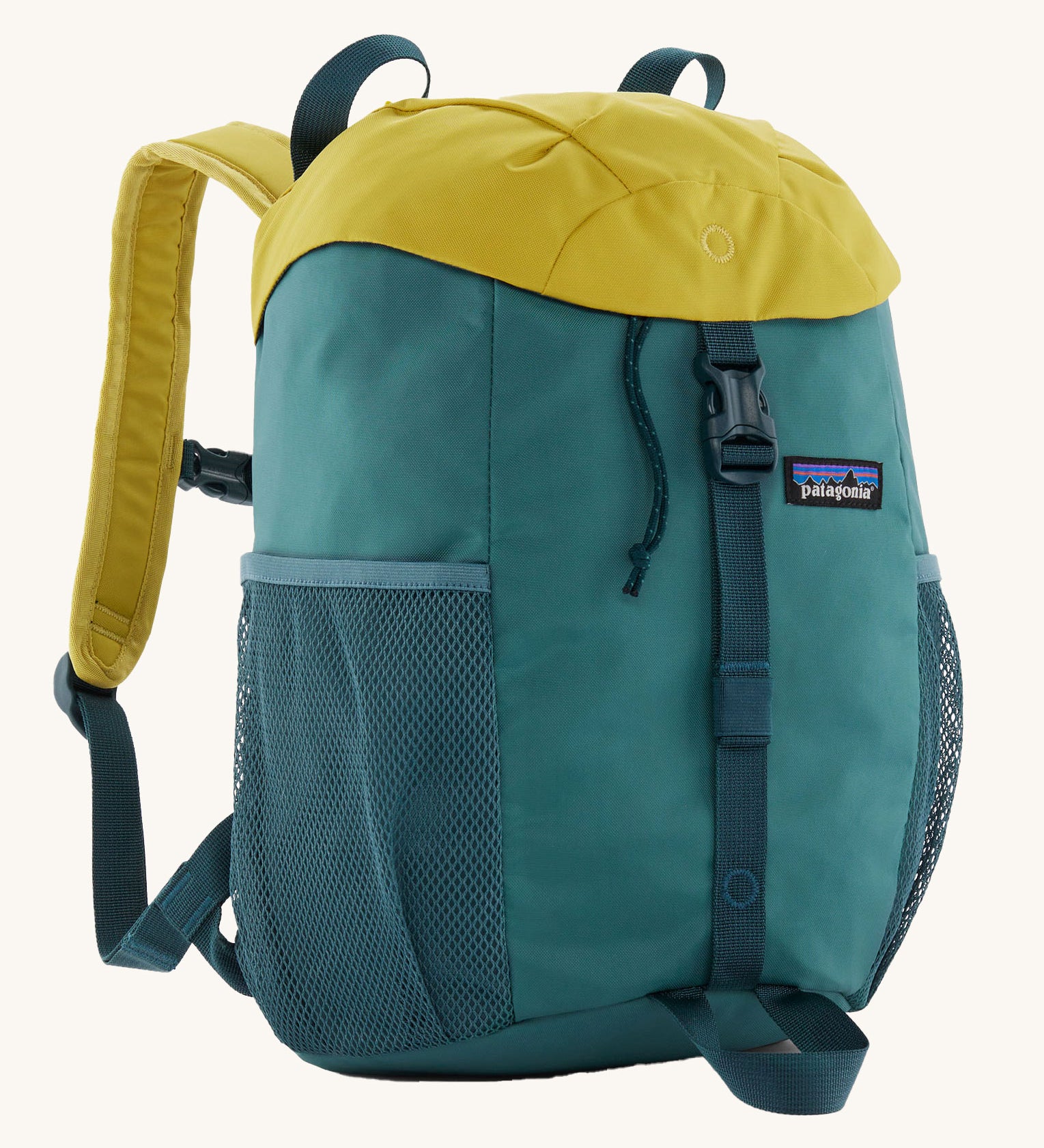 The Patagonia Kids Refugito 12L Backpack in a Wetland Blue colour way on a plain background.