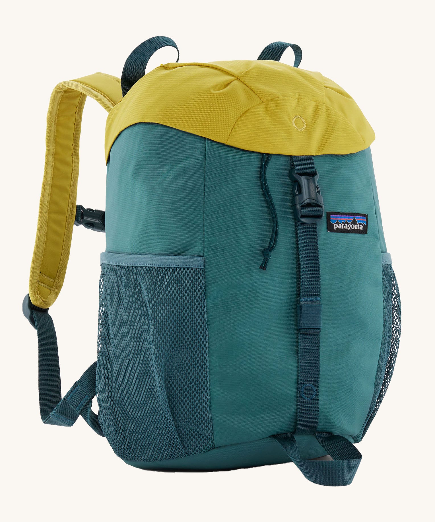 The Patagonia Kids Refugito 12L Backpack in a Wetland Blue colour way on a plain background.
