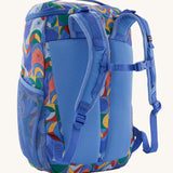 The back of the Patagonia Kids Refugito Day Pack 18L in a Swallowtail Geo / Eddy Blue design on a plain background. 