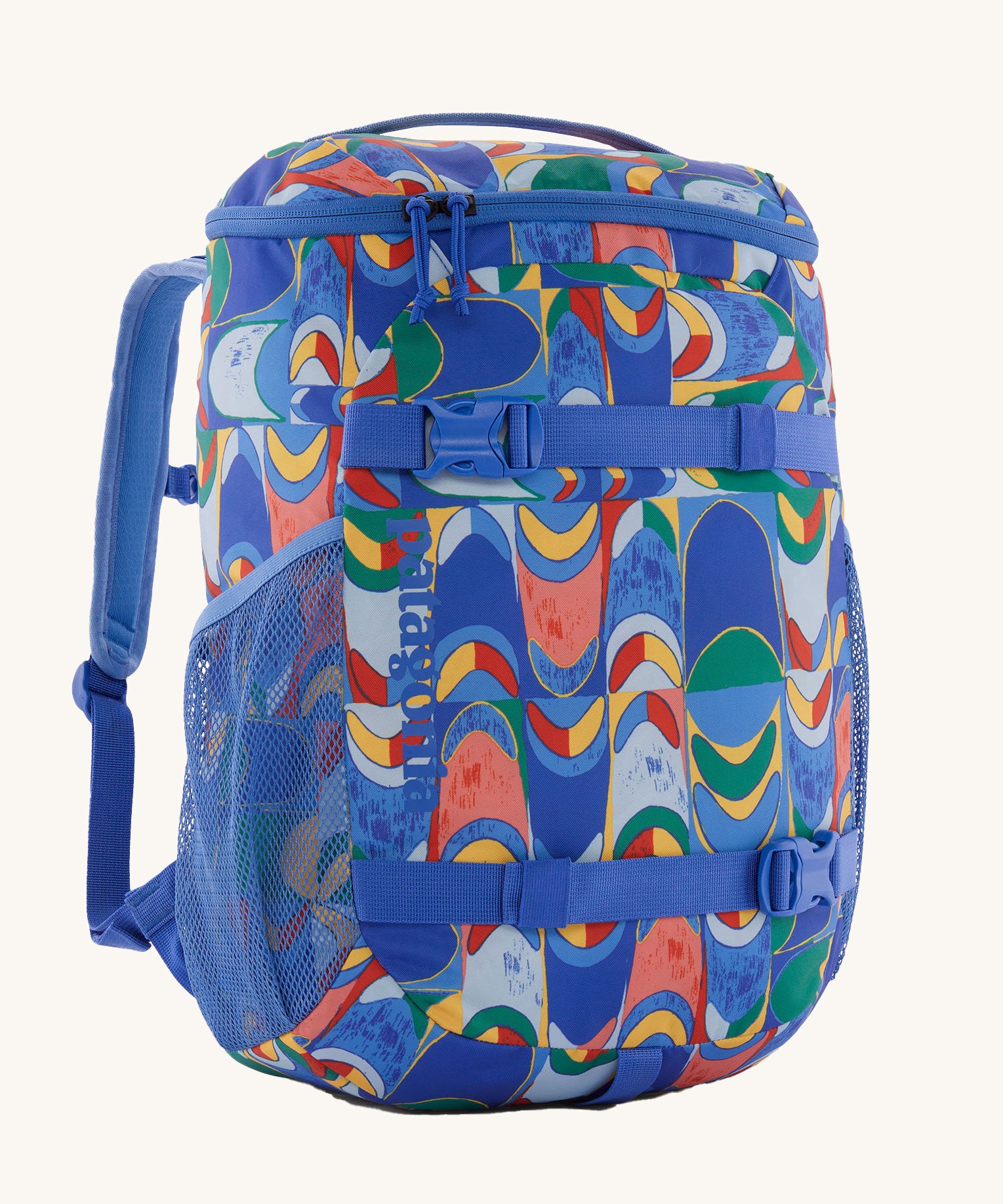The Patagonia Kids Refugito Day Pack 18L in a Swallowtail Geo / Eddy Blue design on a plain background. 