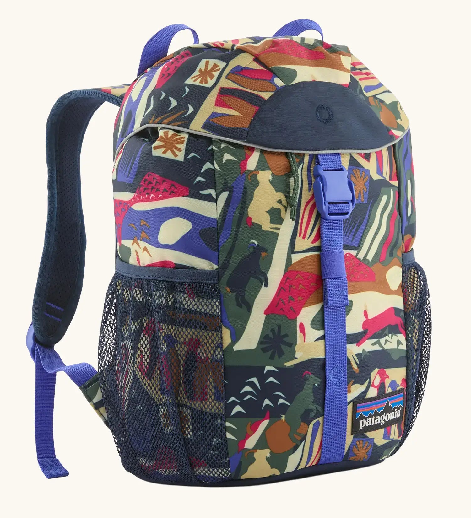 Patagonia 12 litre kids refugito day pack backpack in new navy with a let's chat pattern. Covered drawstring main compartment with  mesh pocket bottle holders on the sides.