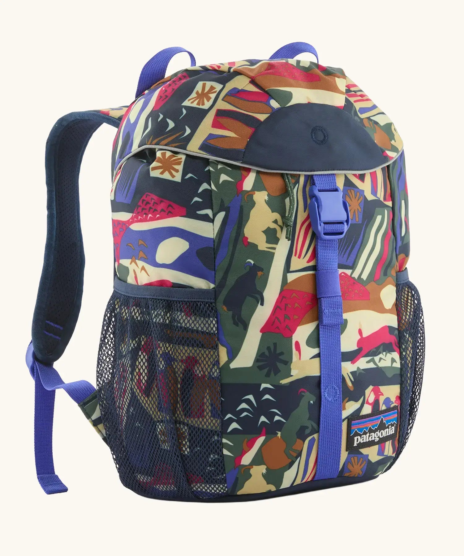 Patagonia 12 litre kids refugito day pack backpack in new navy with a let's chat pattern. Covered drawstring main compartment with  mesh pocket bottle holders on the sides.