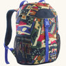 Patagonia 12 litre kids refugito day pack backpack in new navy with a let's chat pattern. Covered drawstring main compartment with  mesh pocket bottle holders on the sides.
