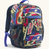 Patagonia 15 litres kids refugito day pack backpack in a let's chat pattern with new navy colour. Zipped main compartment with zipped front pocket and two mesh side pocket bottle holders on the sides. 