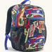 Patagonia 15 litres kids refugito day pack backpack in a let's chat pattern with new navy colour. Zipped main compartment with zipped front pocket and two mesh side pocket bottle holders on the sides. 