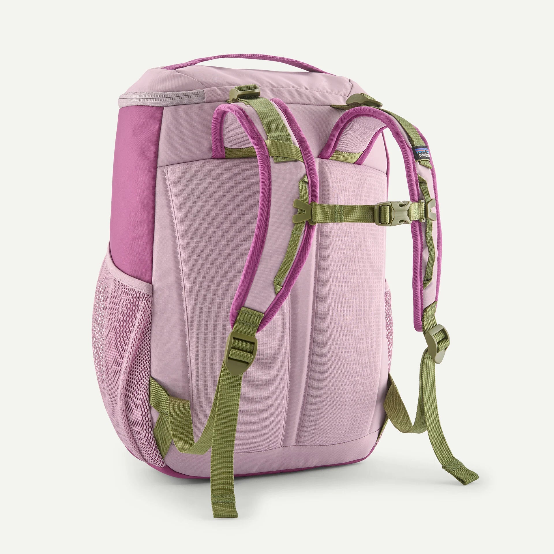 Back of the Patagonia kids refugito 18L day pack in pale purple with matching mesh side pockets, padded straps and quick release buckle chest strap. 