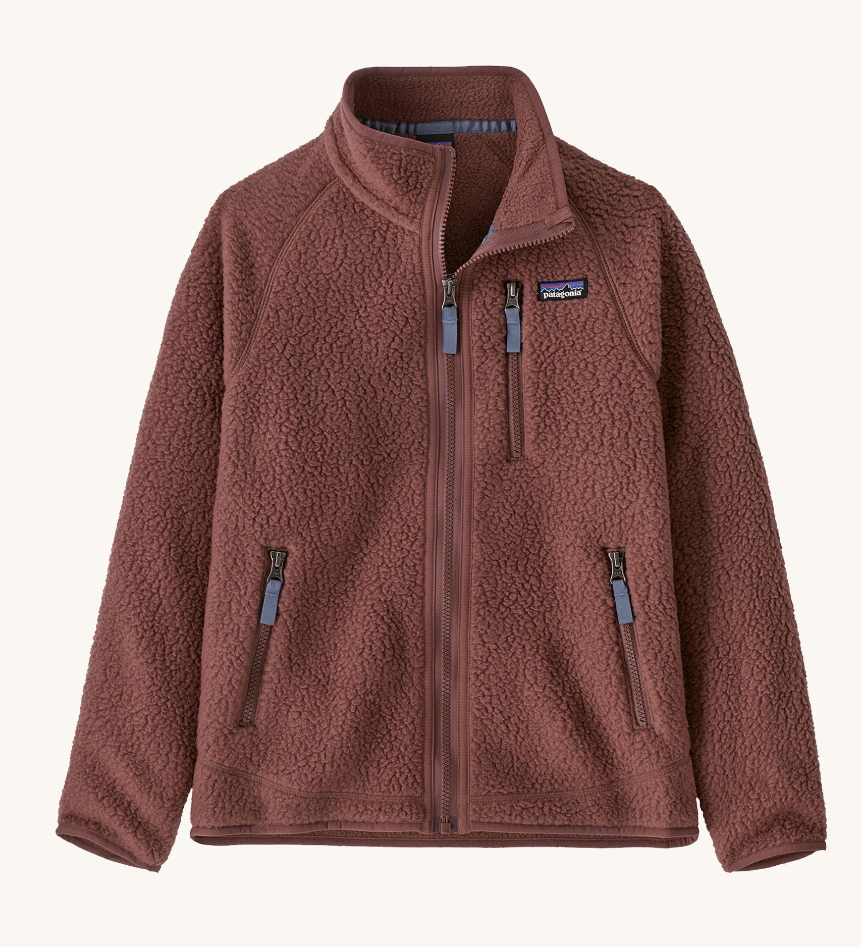 Patagonia Kids Retro Pile Fleece Jacket in a Dulse Mauve colour on a plain background.