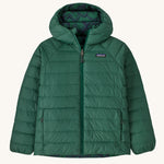 Patagonia Kids Reversible Down Hoody in a Conifer Green colour on a plain background. 