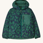 Patagonia Kids Reversible Down Hoody Conifer Green showing the wavy patterned side.