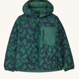 Patagonia Kids Reversible Down Hoody Conifer Green showing the wavy patterned side.