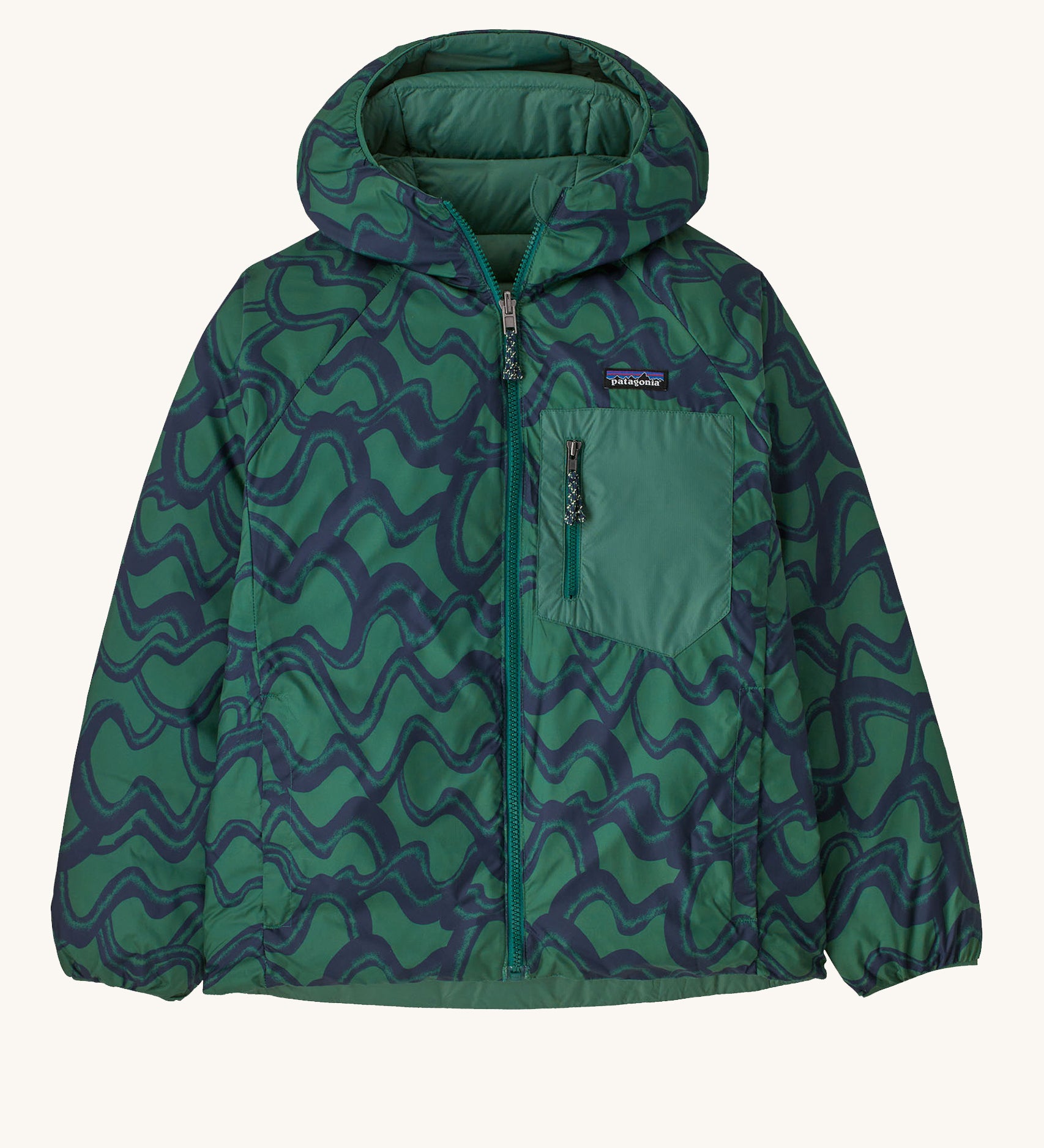 Patagonia Kids Reversible Down Hoody Conifer Green showing the wavy patterned side.