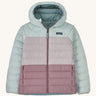 Patagonia Kids Reversible Down Hoody in a Thermal Blue colour on a plain background.
