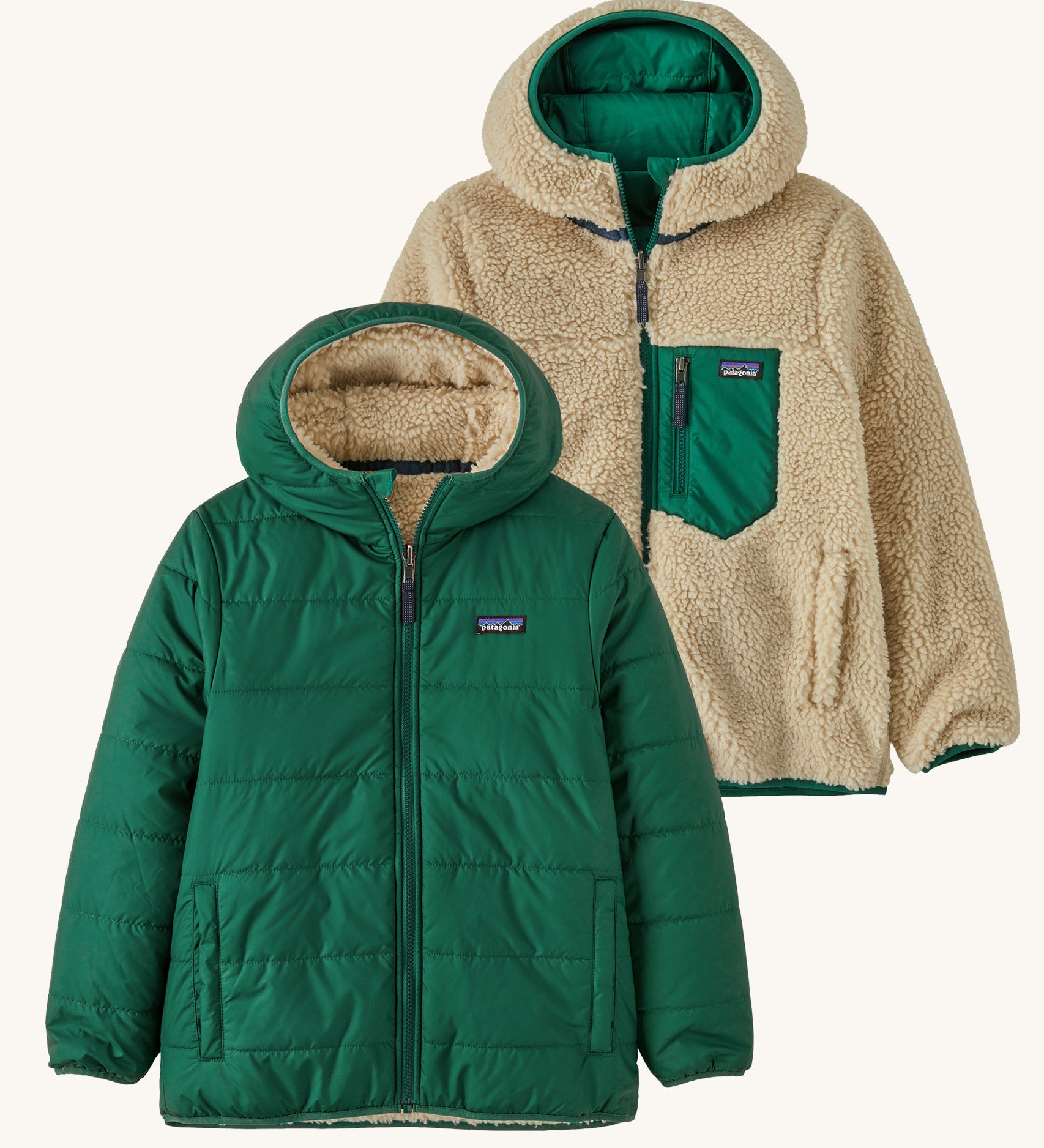 Patagonia Kids Reversible Ready Freddy Hoody in a Conifer Green showing both sides on the jacket on a plain background.