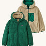 Patagonia Kids Reversible Ready Freddy Hoody in a Conifer Green showing both sides on the jacket on a plain background.